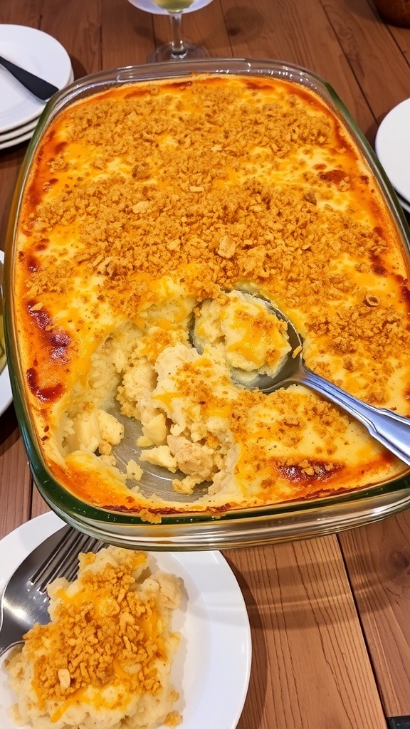 Cheesy Chicken and Rice Casserole for a Large Group A cheesy chicken and rice casserole in a baking dish, golden and bubbling, on a rustic table.